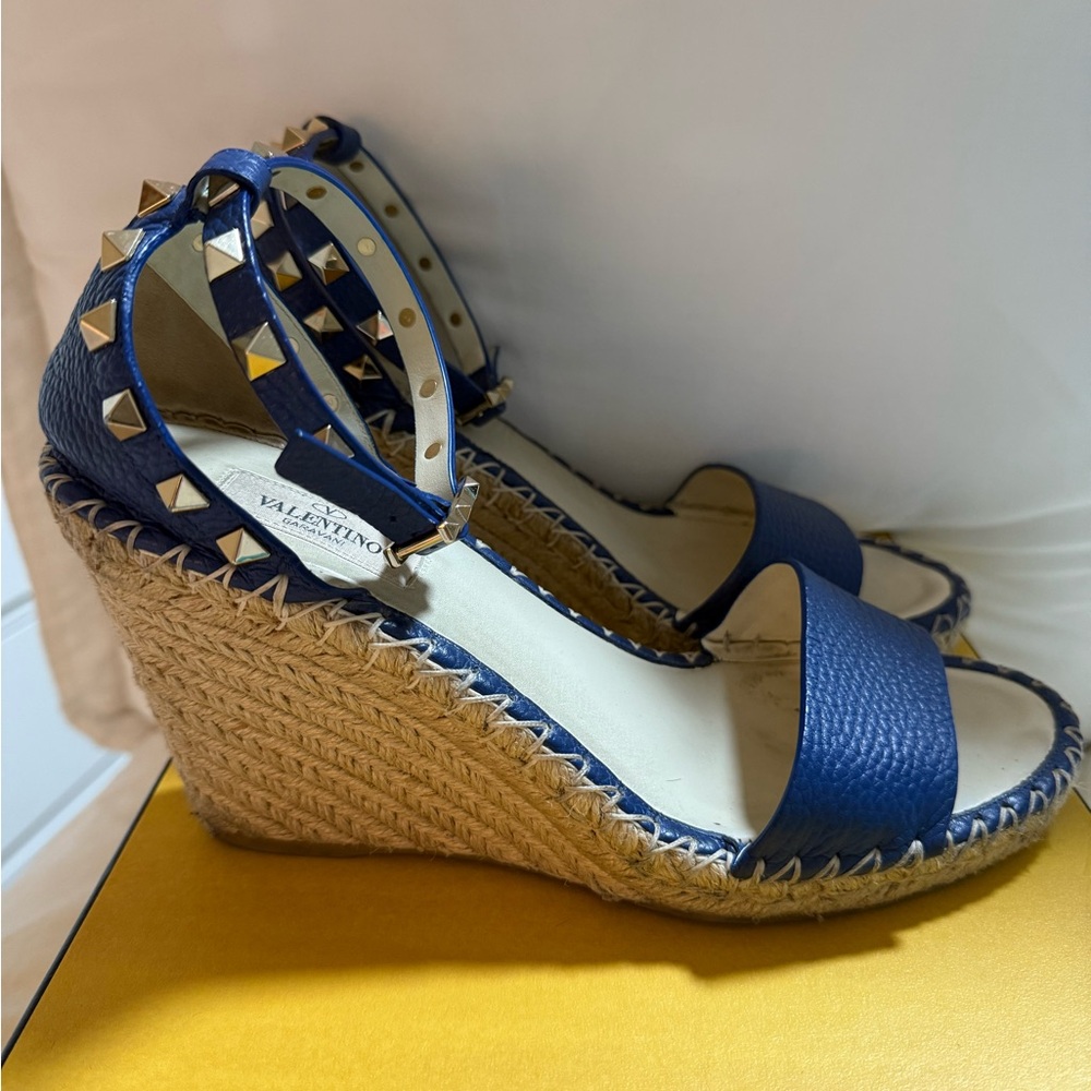 Valentino Navy Wedge Sandals with Studded Straps